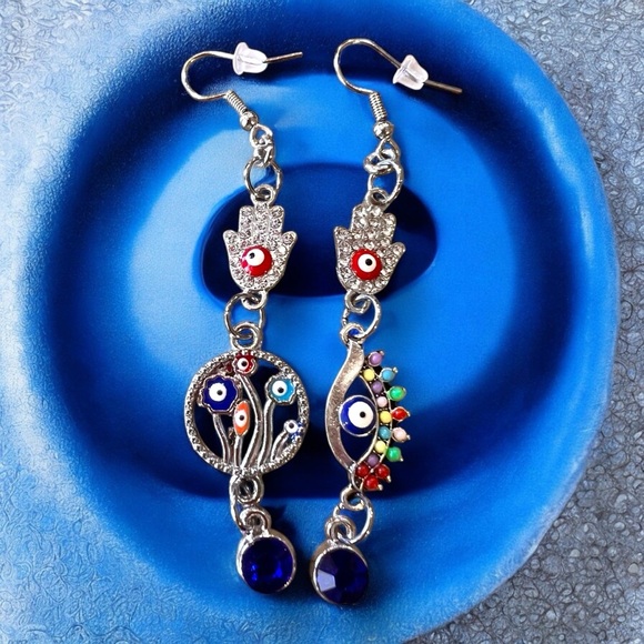 Silver and colorful tones Dangling Evil Eye Earrings - Picture 1 of 17